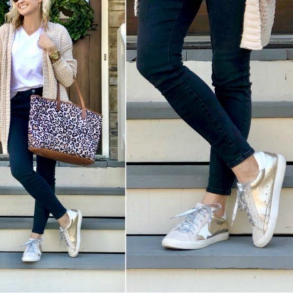Metallic Gold Low Top Star Sneakers - Picture 4 of 8